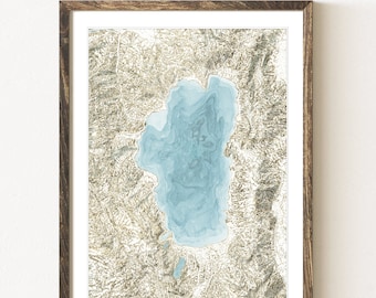 Lake Tahoe CALIFORNIA Nevada Hand Painted Topographic Watercolor Map (Art Print) Trail Hiker Graduation Wedding Map Wall