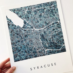Carte de SYRACUSE, tissu urbain, peinture texturée à l'aquarelle, plan de la ville de NEW YORK (impression d'art) remise des diplômes mariage anniversaire agent immobilier cadeau vagues