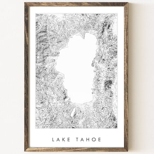 Lake TAHOE CALIFORNIË Nevada Hand getekende topografische kaart tekening zwart-wit (Art Print) bruiloft afstuderen bewegende makelaar cadeau