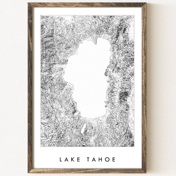 Lake TAHOE CALIFORNIA Nevada Hand Drawn Topographic Map Drawing Black and White (Art Print)  Wedding Graduation Moving Realtor Gift