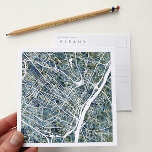 ALBANY NY Watercolor Map POSTCARD New York Capitol City Map Block Plan Wedding Realtor Renssalaer Graduation Moving Gift Penpal