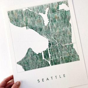 Carte de SEATTLE, tissu urbain, peinture texturée à l'aquarelle, plan de la ville de WASHINGTON (impression d'art) voyage, mariage, anniversaire de mariage, agent immobilier, déménagement, cadeau, herbe