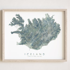 Carte de l'Islande peinte à la main, impression de carte topographique aquarelle cousue, impression topographique (impression d'art) anniversaire de mariage, cadeau de mariage, voyage dans l'Arctique nordique