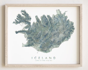 ICELAND Map Hand Painted Stitched Topographical Watercolor Map Print Topographic (Art Print) Anniversary Wedding Gift Nordic Arctic Travel