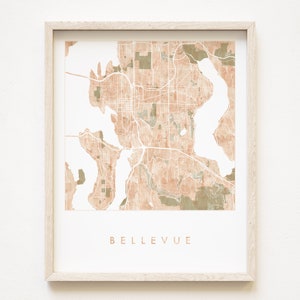 BELLEVUE Washington kaart aquarel wassen stadsplattegrond (Art Print) bruiloft kaart muur Seattle makelaar bewegende huwelijkscadeau Lake Washington Sammamish