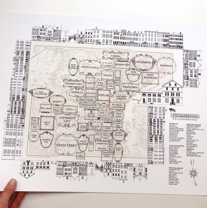 PHILADELPHIA Neighborhoods art Print Vintage City Map Etsy