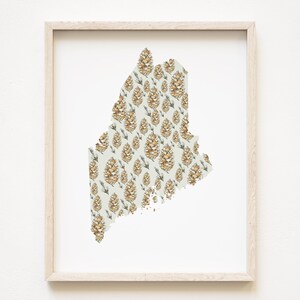 MAINE staat bloemenkaart aquarel witte dennenappel kwast (Art Print) kaart muur afstuderen bruiloft makelaar verhuizen cadeau noordoosten New England