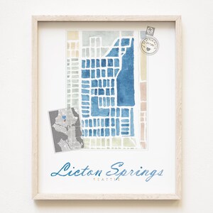 LICTON SPRINGS Seattle buurt kaart aquarel print WASHINGTON City Block Plan (Art Print) Downtown Seattle kaart muur makelaar cadeau lokaal