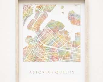 ASTORIA QUEENS Pride Rainbow Map Watercolor Wash Map Print City Block Plan (Art Print) New York Graduation Wedding Gift Travel Art Map Wall