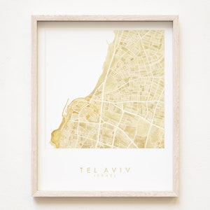 TEL AVIV Yafo Jaffa carte peinte à la main aquarelle carte Israël plan d'ensemble (impression d'art) cadeau d'anniversaire de mariage voyage en Méditerranée carte murale