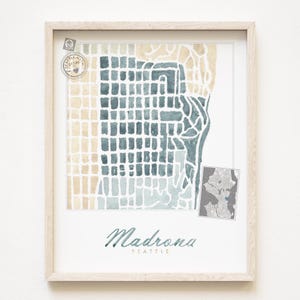 MADRONA Seattle buurtkaart aquarel print WASHINGTON City Block Plan (Art Print) Downtown Seattle kaart muur makelaar cadeau lokaal decor