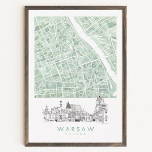 Aquarelle de carte de VARSOVIE et impression de croquis architecturaux POLOGNE Plan d'îlot (impression d'art) Anniversaire de mariage Cadeau de remise des diplômes Voyage en Europe