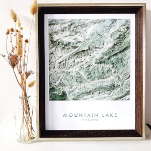 Mountain Lake VIRGINIE Carte topographique aquarelle peinte à la main (impression d'art) Randonneur Montagne VirginiaTech Graduation Carte de mariage New River