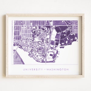 Aquarelle peinte à la main du campus de Seattle UW (impression d'art) Plan du campus de l'Université de Washington, cadeau de remise des diplômes, décor de dortoir Huskies collégiaux