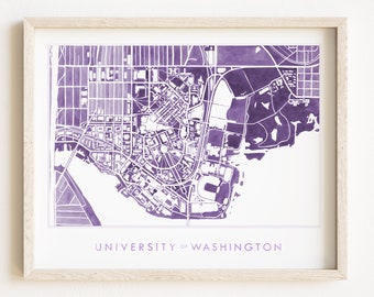 UW Seattle Campus Hand Painted Watercolor Map (Art Print) University of Washington Campus Plan Graduation Gift Collegiate Huskies Dorm Decor