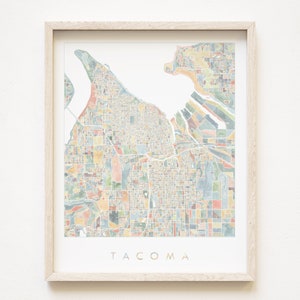 ColorFULL TACOMA Karte Aquarell Druck WASHINGTON Stadtplan (Kunstdruck) Umzug Makler Hochzeitsgeschenk pazifischer Nordwesten Puget Sound PNW