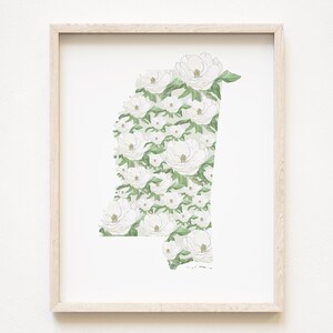 MISSISSIPPI staat bloem kaart aquarel Magnolia (Art Print) kaart muur afstuderen bruiloft makelaar verhuiscadeau zuidelijke bloemenkaart