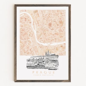 Carte aquarelle de PRAGUE et impression de croquis architecturaux Plan d'ensemble de la ville de la République tchèque (impression d'art) Mariage Remise de diplômes Cadeau de voyage