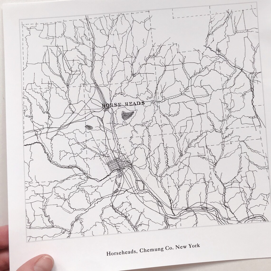 HORSEHEADS New York Map Drawing Black and White Art Print Etsy