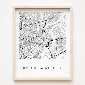 Saigon Ho Chi Minh-stad kaart handgetekende stratenplan Vietnam stadskaart tekening zwart-wit (kunstafdruk) huwelijksverjaardag cadeau reizen muur
