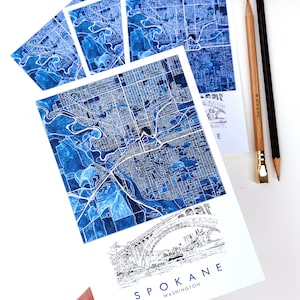 Mapa de acuarela de SPOKANE Washington TARJETA POSTAL estándar Gonzaga Graduación Agente inmobiliario Mudanza Regalo Favor de boda Papelería Río Eastern Washingtonto