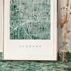 Carte de SPOKANE, peinture texturée à l'aquarelle, plan de la ville de WASHINGTON (impression d'art) voyage, mariage, anniversaire de mariage, agent immobilier, déménagement, cadeau, herbe