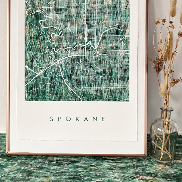 SPOKANE Map Urban Fabric Watercolor Texture Painting WASHINGTON City Plan (Art Print) Travel Wedding Anniversary Realtor Moving Gift Grass