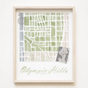 OLYMPIC HILLS Seattle buurtkaart aquarel print WASHINGTON City Block Plan (Art Print) Downtown Seattle kaart muur lokale makelaar cadeau