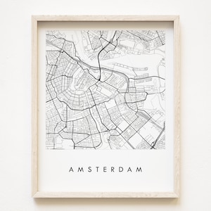Carte d'AMSTERDAM dessiné à la main, plan des Pays-Bas, plan de la ville, dessin en noir et blanc (impression d'art) Anniversaire de mariage, cadeau de voyage en Europe
