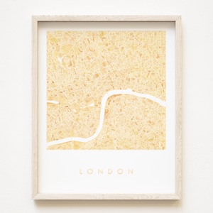 Kaart van LONDEN handgeschilderde aquarel kaart afdrukken UK City Block Plan (Art Print) bruiloft afstuderen reiscadeau Engeland geel oker grijs