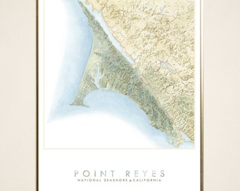 POINT REYES National Seashore CALIFORNIA Coast Hand Painted Topographical Watercolor Map (Art Print) Wedding Gift Pacific Mountains