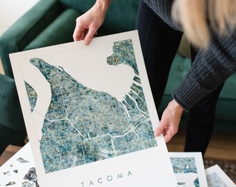 TACOMA Map Urban Fabric Watercolor Texture Painting WASHINGTON City Plan (Art Print) Travel Wedding Anniversary Realtor Moving Gift River