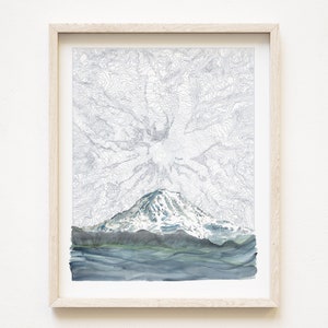 Carte topographique dessinée à la main Tahoma Mount Rainier, WASHINGTON, dessin et peinture de montagne (impression d'art) Trail Hiker Mountain PNW Adventurer Map