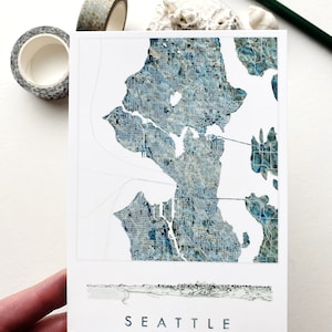 SEATTLE Watercolor Wash Map Blue Green Standard POSTCARD Washington Casacade Range Wedding Favor Swag Realtor Graduation Moving Gift Penpal