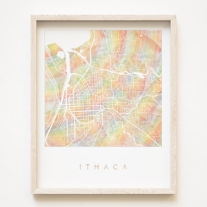 ITHACA Orgullo Arco Iris Mapa Acuarela Lavado Mapa Imprimir Plan de la Ciudad (Impresión de Arte) NUEVA YORK Cornell Graduación Aniversario de Boda Agente de Bienes Raíces Regalo en Movimiento
