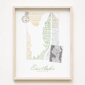 EASTLAKE, carte du quartier de Seattle, impression aquarelle, plan d'îlot de la ville de WASHINGTON (impression d'art) du centre-ville de Seattle, carte murale, décoration locale, cadeau pour agent immobilier