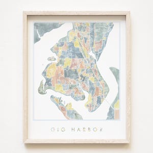 Carte de GIG HARBOUR peinte à la main, carte de la ville de WASHINGTON dessin (impression d'art) mariage déménagement agent immobilier cadeau location de vacances déco Puget Sound