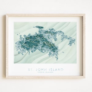 Mapa de aquarela das Ilhas Virgens Americanas da ILHA de São João Topográfico (impressão artística) Aniversário Destino Presente de casamento Mapa de viagem do Caribe Parede