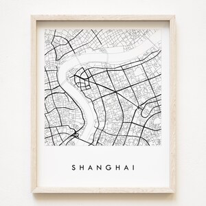 SHANGHAI-kaart Handgetekende stratenkaart CHINA-stadskaart zwart-wit tekening (kunstafdruk) huwelijksverjaardag Azië reizen expat kaart wanddecoratie