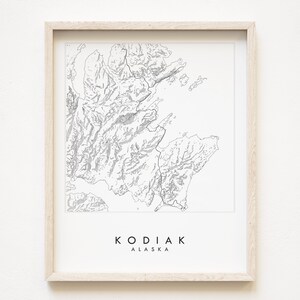 Carte topographique KODIAK, plan des rues dessiné à la main, ALASKA, dessin de plan de la ville en noir et blanc (impression d'art), mariage, aventure, voyage, carte, art mural