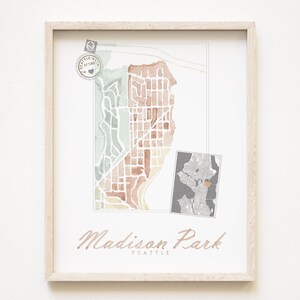 Carte du quartier de Seattle MADISON PARK, impression aquarelle Plan d'îlot de la ville de WASHINGTON (impression d'art) Centre-ville de Seattle, carte murale Cadeau pour agent immobilier