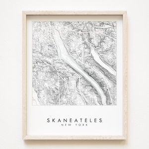 Carte dessinée à la main SKANEATELES Carte du lac New York dessin topographique noir et blanc (impression d'art) cadeau d'anniversaire de mariage Finger Lakes