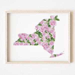 NEW YORK staat bloemenkaart aquarel roos (kunstdruk) kaart muur SUNY Albany afstuderen bruiloft makelaar bewegende bloemen kaart Moederdag cadeau