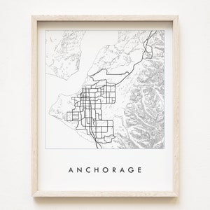 Anchorage stadsplattegrond Hand getekende topografische stratenkaart Alaska stadsplattegrond tekening zwart wit (Art Print) bruiloft bewegende makelaar cadeau kaart muur