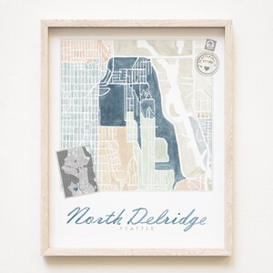 NORTH DELRIDGE Seattle-buurtkaart aquarel print WASHINGTON City Block Plan (Art Print) Downtown Seattle kaart muur lokale makelaar cadeau