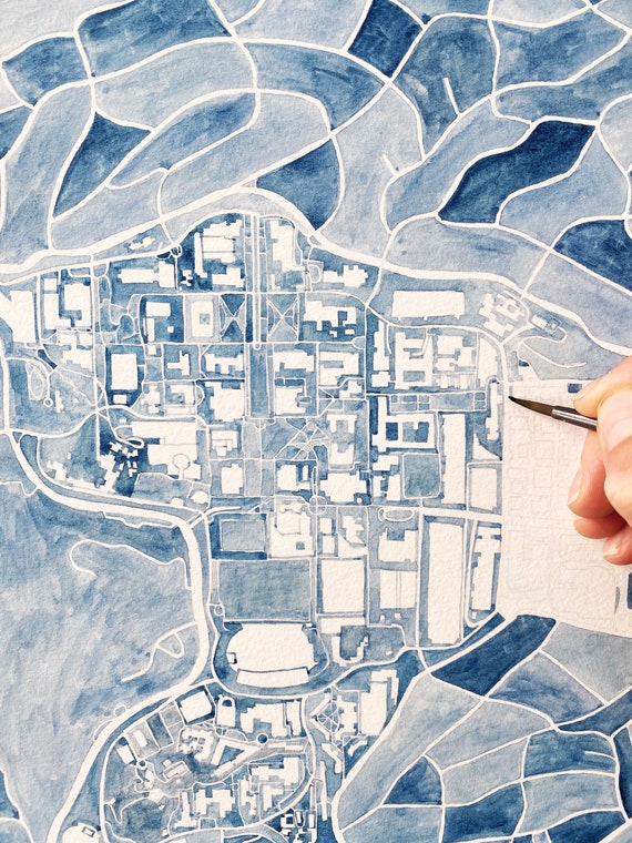 Ucla Zip Code Map Ucla Campus Hand Painted Watercolor Map Art Print University | Etsy