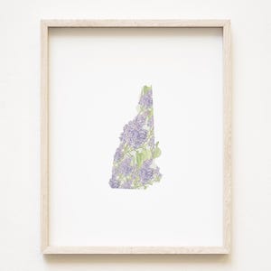NEW HAMPSHIRE staat bloemenkaart aquarel paars lila (Art Print) kaart muur afstuderen bruiloft makelaar verhuiscadeau New England bloemenkaart