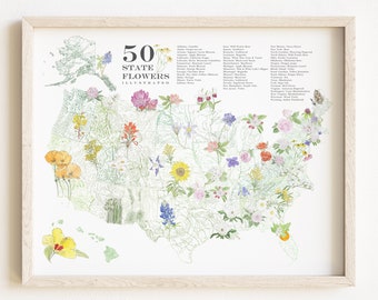 STATE FLOWERscape Map Drawing (Art Print) 50 State Flowers America USA Wildflowers Wedding Anniversary Moving Gift Floral Flower Wall Decor