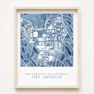 UCLA Campus handgeschilderde aquarel kaart (kunstafdruk) University of California Los Angeles University plan afstuderen cadeau collegiale decor