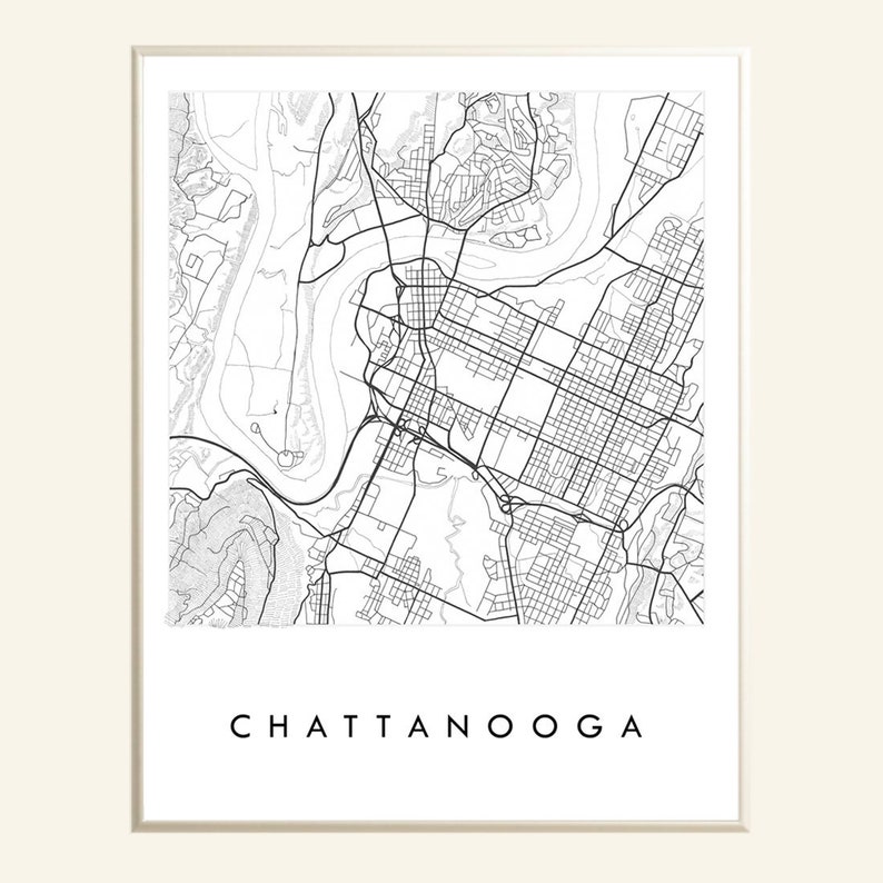 CHATTANOOGA Map Street Map TENNESSEE City Map Drawing Black and White Art Print Wedding Anniversary Gift Wall Decor image 1